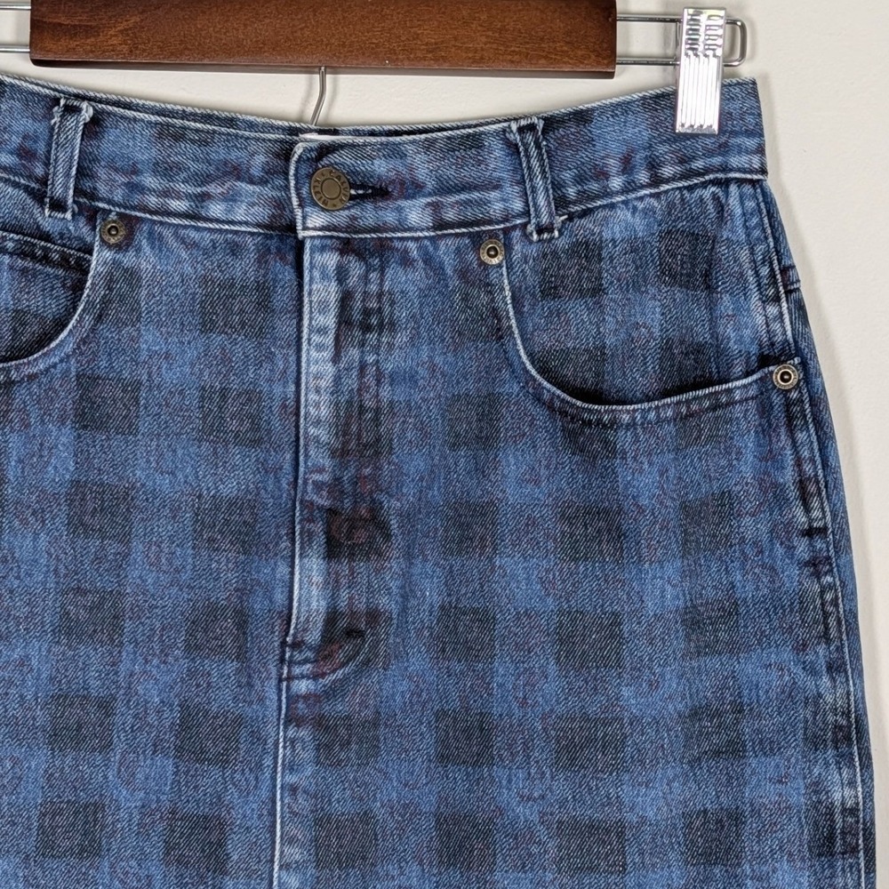 Vtg Calvin Klein Plaid Denim Midi Skirt Blue Black Check Made in USA Size 26"